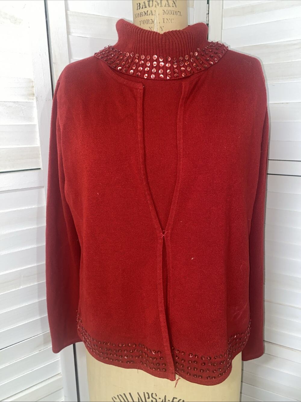 Vintage 90s Norton Mcnaughton Red Sweater Cardigan Sequins Women’s Sz Large
